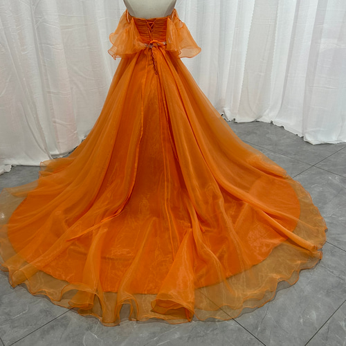 カラードレス オレンジ オーバードレス パフスリーブ ベルト ふわふわ