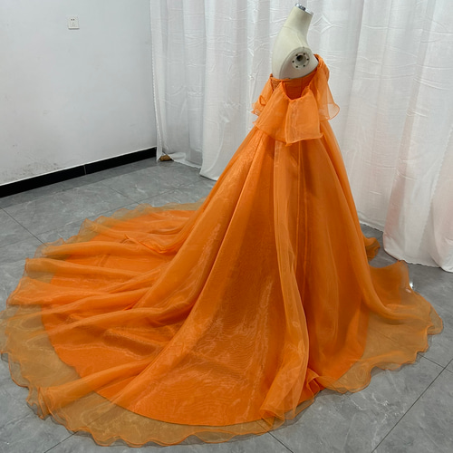 カラードレス オレンジ オーバードレス パフスリーブ ベルト ふわふわ