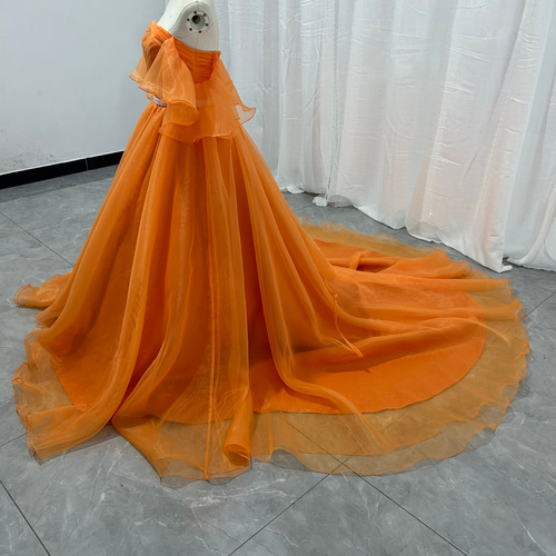 カラードレス オレンジ オーバードレス パフスリーブ ベルト ふわふわ