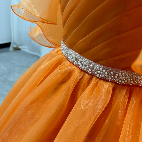 カラードレス オレンジ オーバードレス パフスリーブ ベルト ふわふわ