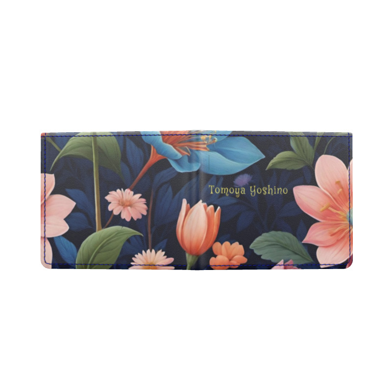 水色とオレンジ色の大きい花がモダンでおしゃれな北欧のカラフルで色鮮やかな花柄 二つ折り財布 本革