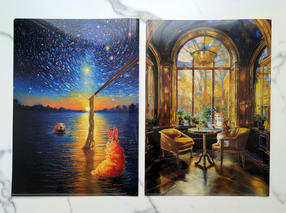 オリジナルクリアファイル2枚セット☆水面から麺☆カフェで仕事するネコ 1枚目の画像