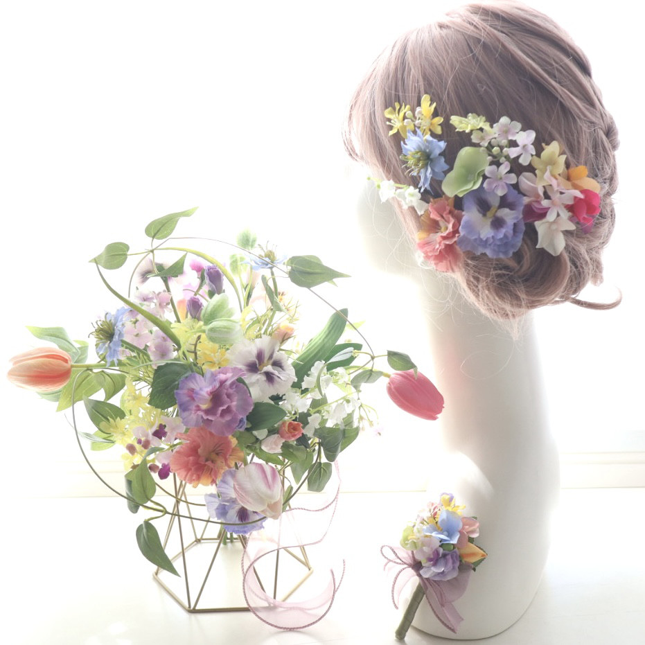 ウェディングブーケ＊パンジー＊スズラン＊紫陽花カラフル＊／ブートニア＆ヘッドドレス選択可