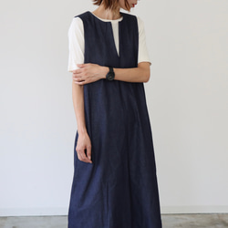 岡山児島デニムジャンパースカート／8オンスソフトデニムワンピース／スラッシュネック／インディゴ・ブルー 11枚目の画像