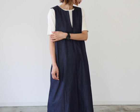 岡山児島デニムジャンパースカート／8オンスソフトデニムワンピース／スラッシュネック／インディゴ・ブルー 11枚目の画像