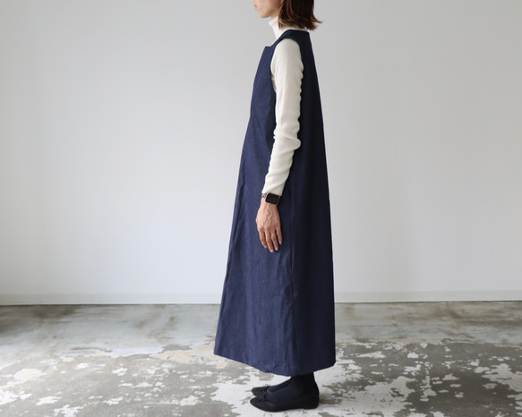 岡山児島デニムジャンパースカート／8オンスソフトデニムワンピース／スラッシュネック／インディゴ・ブルー 7枚目の画像