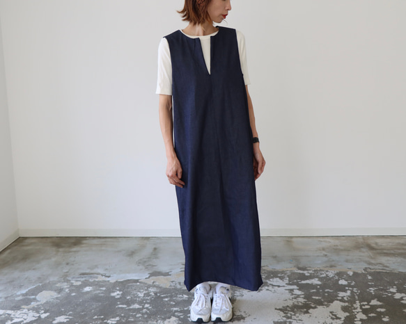 岡山児島デニムジャンパースカート／8オンスソフトデニムワンピース／スラッシュネック／インディゴ・ブルー 12枚目の画像