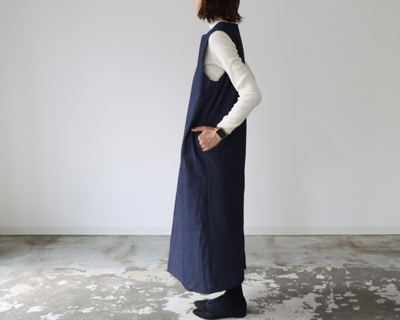 岡山児島デニムジャンパースカート／8オンスソフトデニムワンピース／スラッシュネック／インディゴ・ブルー 6枚目の画像