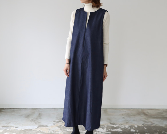 岡山児島デニムジャンパースカート／8オンスソフトデニムワンピース／スラッシュネック／インディゴ・ブルー 5枚目の画像