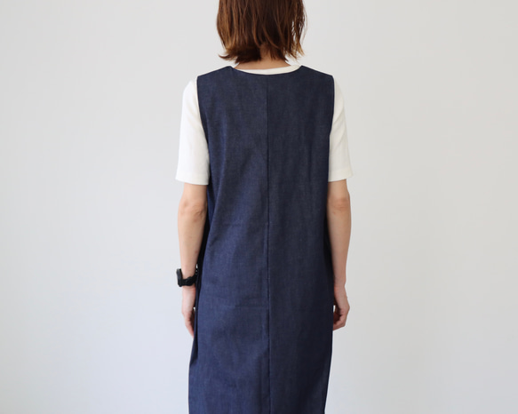 岡山児島デニムジャンパースカート／8オンスソフトデニムワンピース／スラッシュネック／インディゴ・ブルー 10枚目の画像