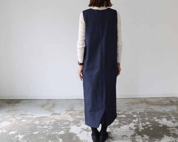岡山児島デニムジャンパースカート／8オンスソフトデニムワンピース／スラッシュネック／インディゴ・ブルー 9枚目の画像