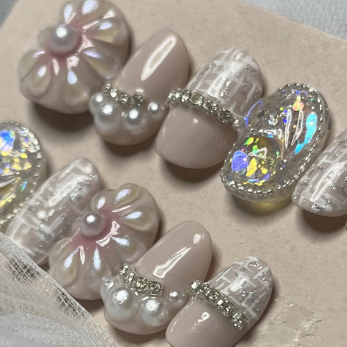 グレージュ フラワー ネイルチップ シースルーチャコールグレーと