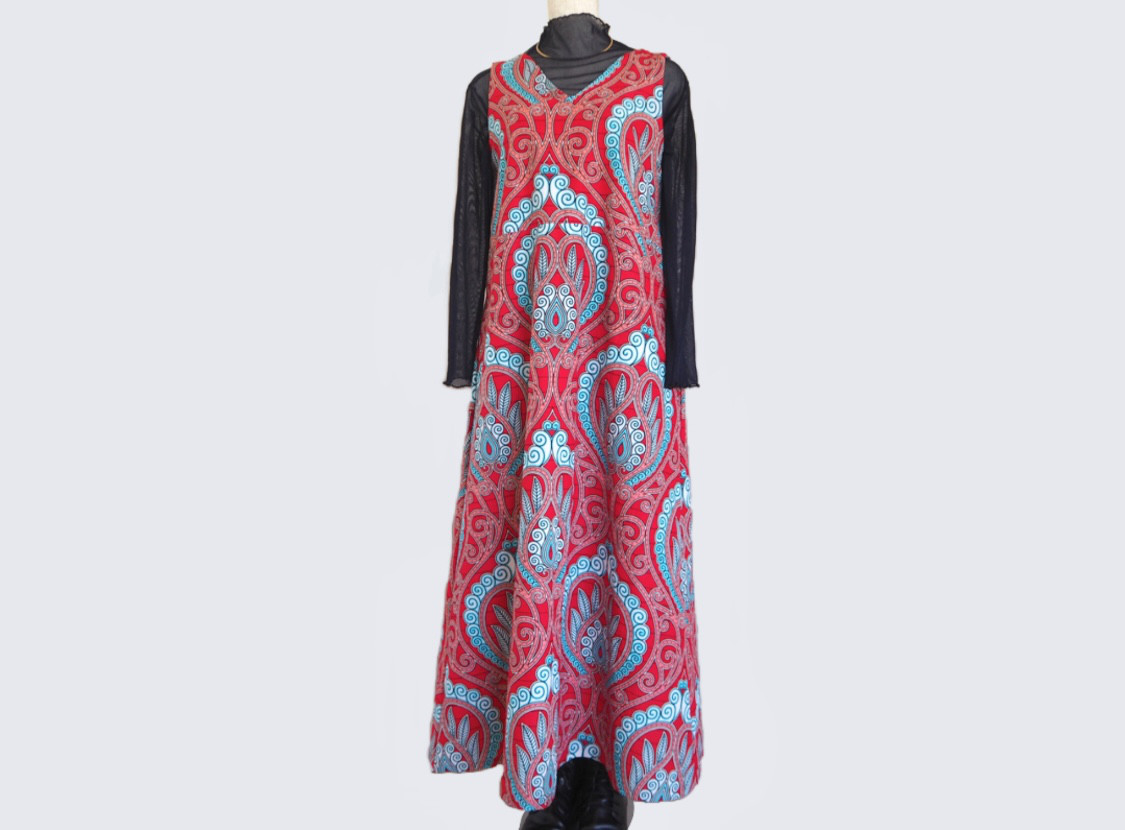 【ターバン付き】アフリカ布xロングワンピース ポケット付き　一点物 輸入生地　柄ワンピース 個性的 コットン　アフリカン