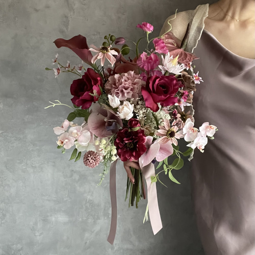 ウェディングブーケ ブートニアアーティフィシャルフラワー ピンク 紫