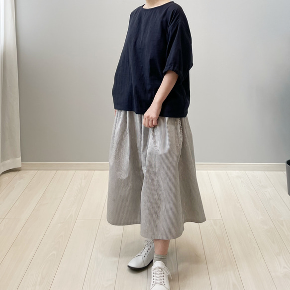 フレアスカート。ライトデニム。ヒッコリー。黒×生成りのストライプ。【即納】 5枚目の画像