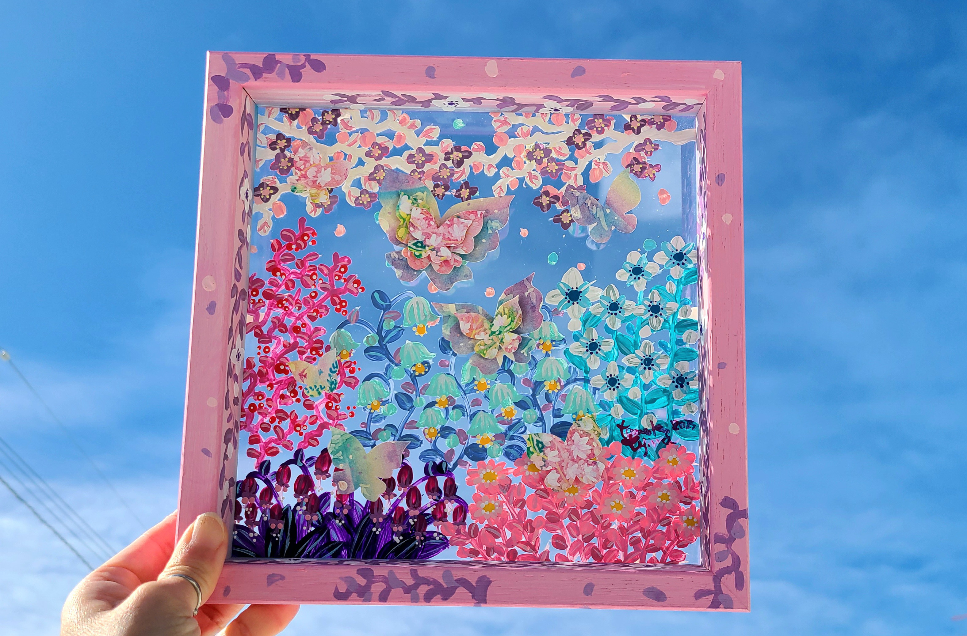 〈額装済み原画〉ピンクの花々／アクリル画　手描き　インテリア　アート