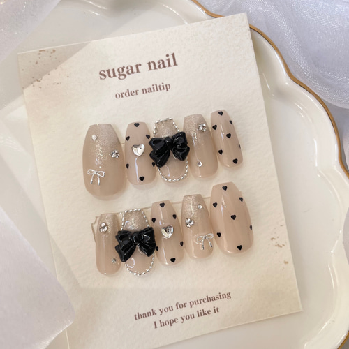 ネイルチップ ハートネイル リボンネイル ワンホンネイル 韓国