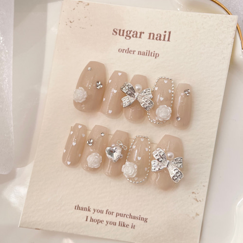 ネイルチップ ハートネイル リボンネイル ワンホンネイル 韓国 ドット