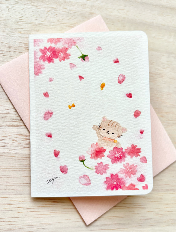 透明水彩画 2枚セット ミニカード「春らんまん」猫 ねこ ネコ 桜