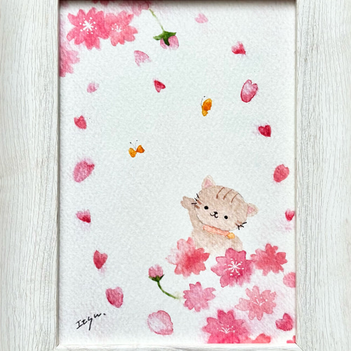 透明水彩画 A4ポスター「春らんまん」春 桜 さくら サクラ 猫 ねこ
