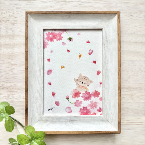 透明水彩画 A4ポスター「春らんまん」春 桜 さくら サクラ 猫 ねこ