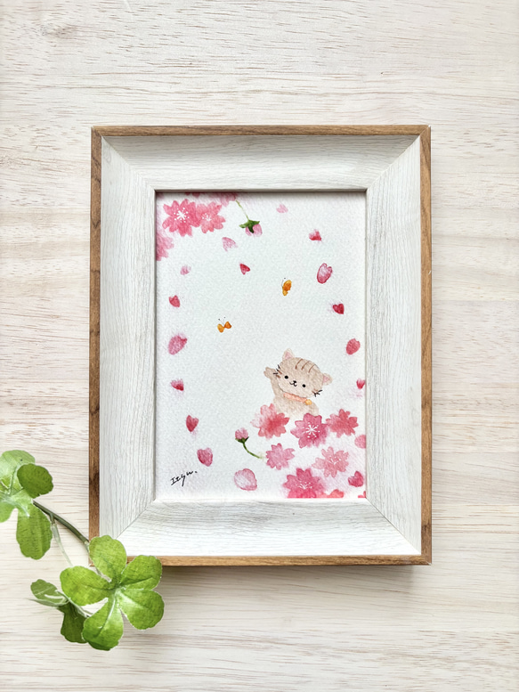 透明水彩画 A4ポスター「春らんまん」春 桜 さくら サクラ 猫 ねこ