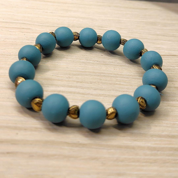ブレスレット ウッド ビーズ くすみターコイズブルー ハンドメイド