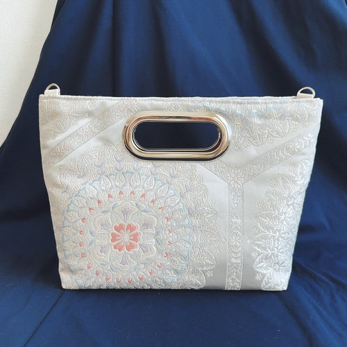 絹の帯から2wayバッグ 正倉院亀甲華文柄 帯リメイク369 ハンドバッグ