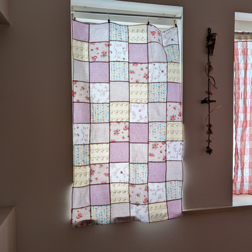 アンティークリネンラミー パッチワークペイント カーテン 大きめ