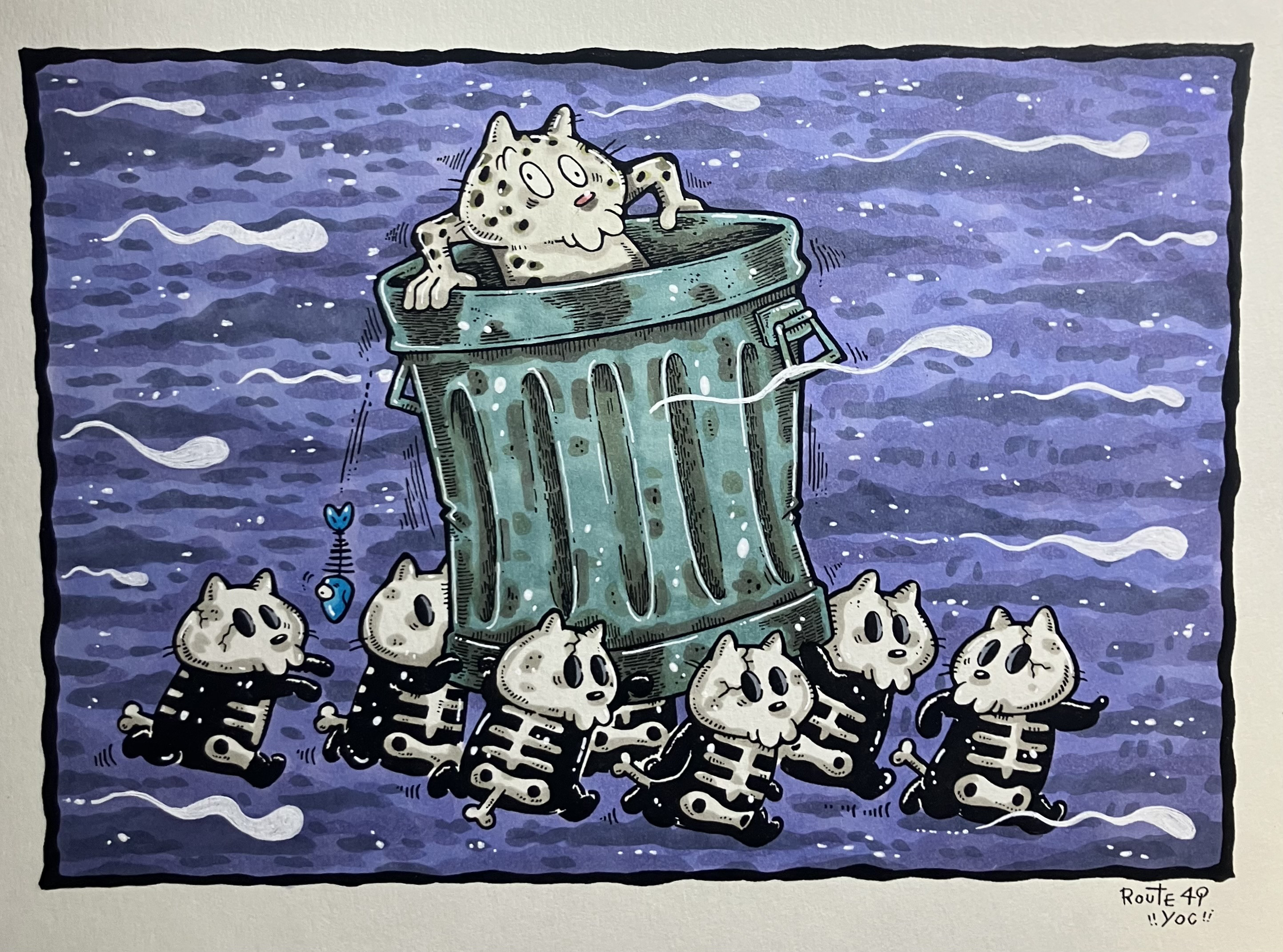 【猫ドクロの夜】ネコ　原画　アート　イラスト　絵