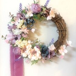 【GW SALE】春の小花ハーフリース* * ラッピング無料 プレゼント 母の日 さくらとローズのハーフリース さくらリース 春リース 春 玄関リース