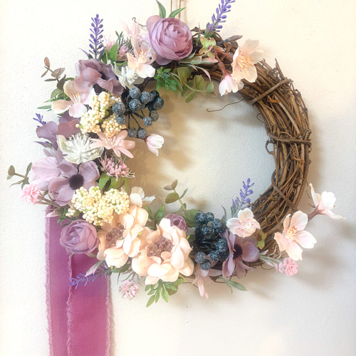 【GW SALE】春の小花ハーフリース* * ラッピング無料 プレゼント 母の日 さくらとローズのハーフリース さくらリース 春リース 春 玄関リース