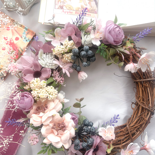 【GW SALE】春の小花ハーフリース* * ラッピング無料 プレゼント 母の日 さくらとローズのハーフリース さくらリース 春リース 春 玄関リース