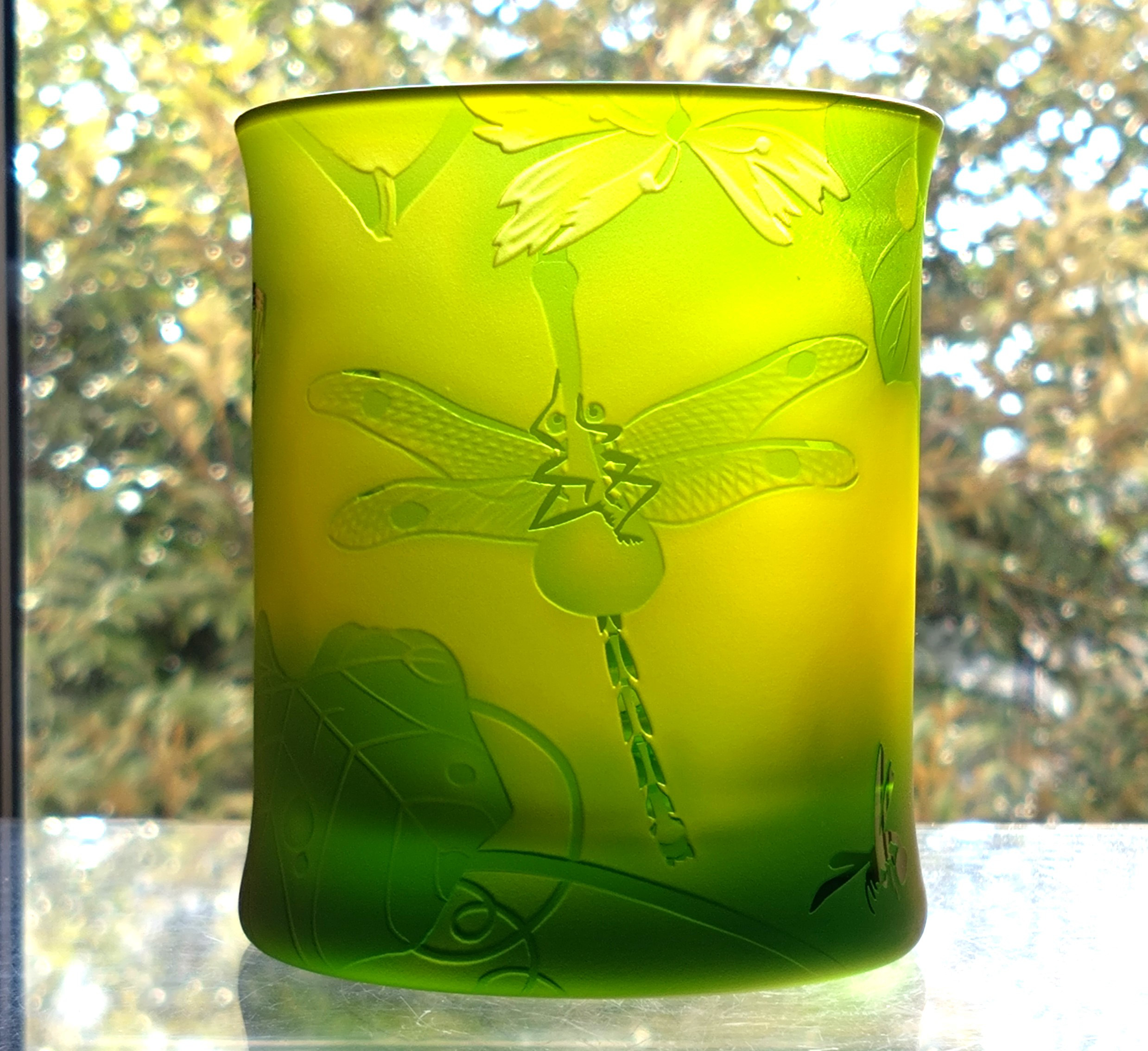 「池辺群虫図」伊藤若冲　トンボ　チョウ　バッタ　ロックグラス　サンドブラスト