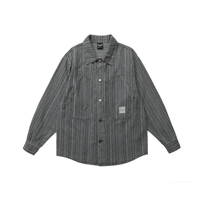 春秋冬新作 メンズ 黒 ストライプデニムラペル長袖シャツ 男 おしゃれ トップス