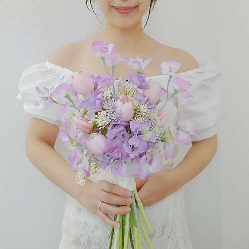 【2月末まで値下げ】春の花嫁さま❤︎チューリップブーケ&ブートニア チューリップブーケ ブートニア♡スイートピーブーケパープルブーケ