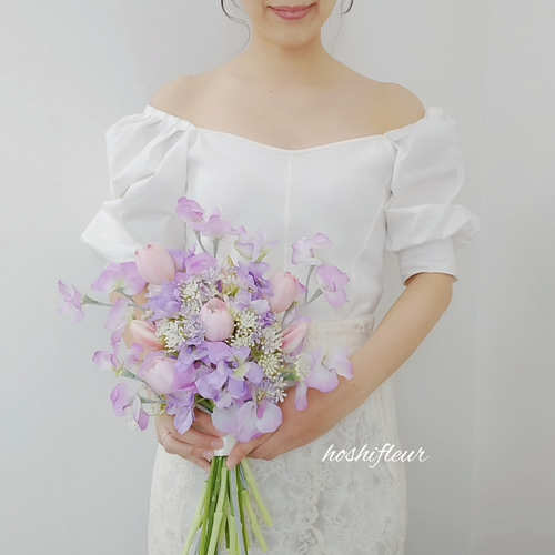 ブーケ　ブートニア　ウェディング　結婚式　チューリップ チューリップブーケ ブートニア♡スイートピーブーケパープルブーケ
