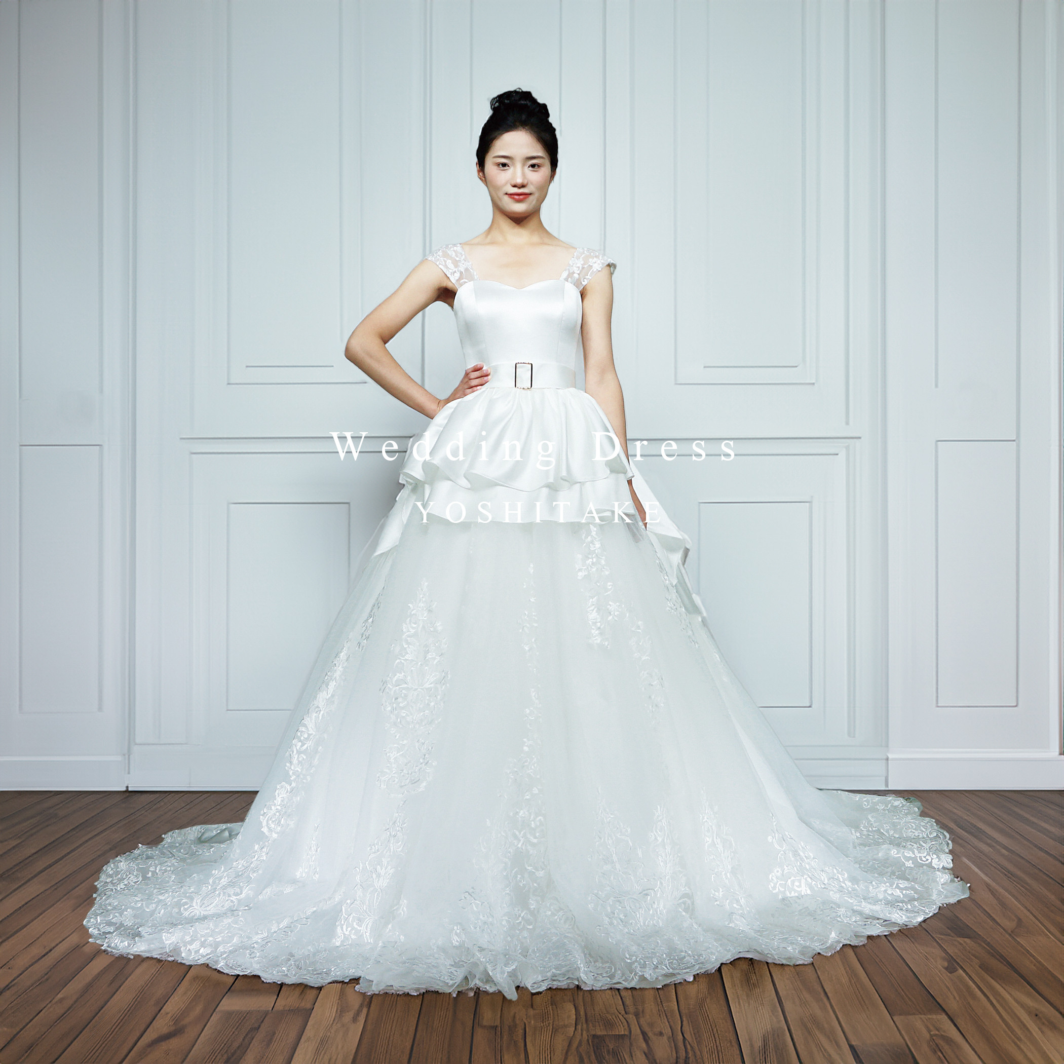 ウエディングドレス.白.サテン.刺繍.チュール.Aライン.結婚式.Y2414
