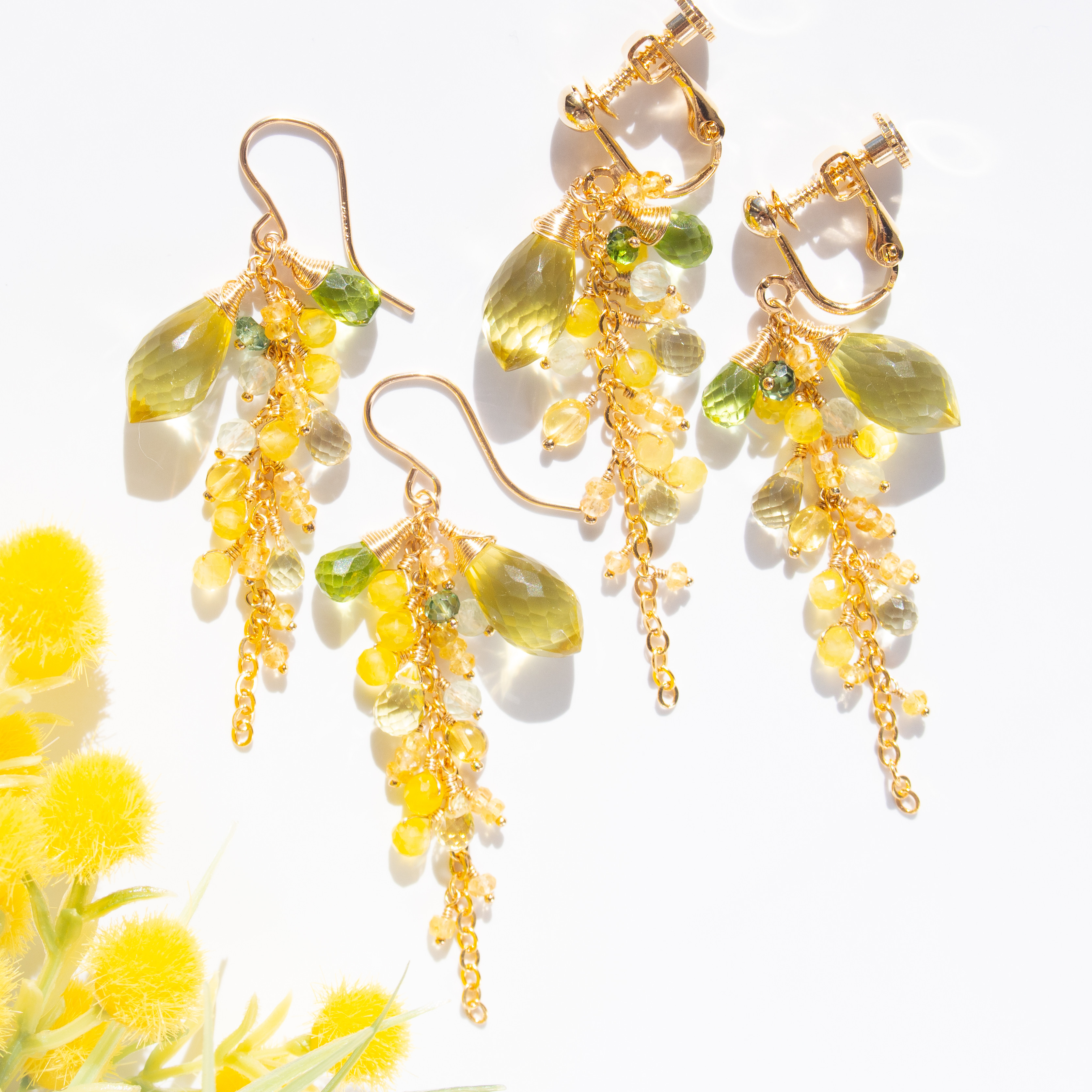 ミモザ（Long）＊レモンクォーツと天然石（ペリドット・カルセドニー）の彩りピアス（14KGF）／イヤリング