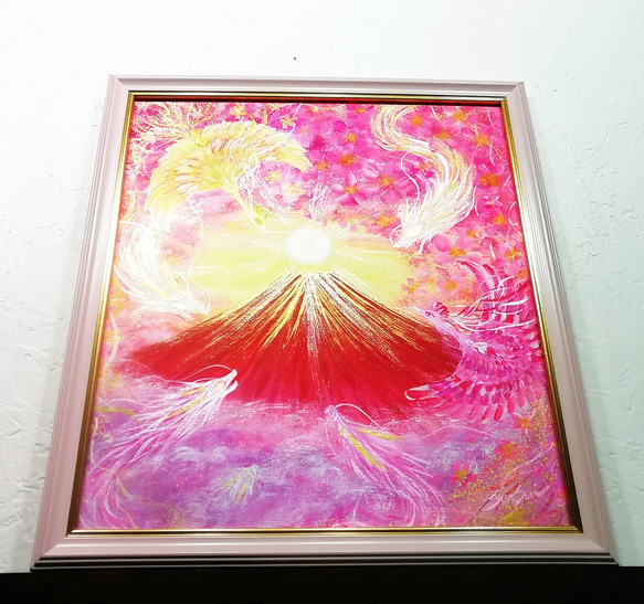 風水吉祥絵画 色紙＊煌輝 桜梅桃李赤富士と龍遊鳳凰〜訪れる幸せ