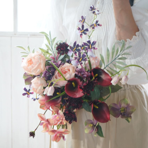 胡蝶蘭とカラーリリー ウェディングブーケ＆ブートニア【造花