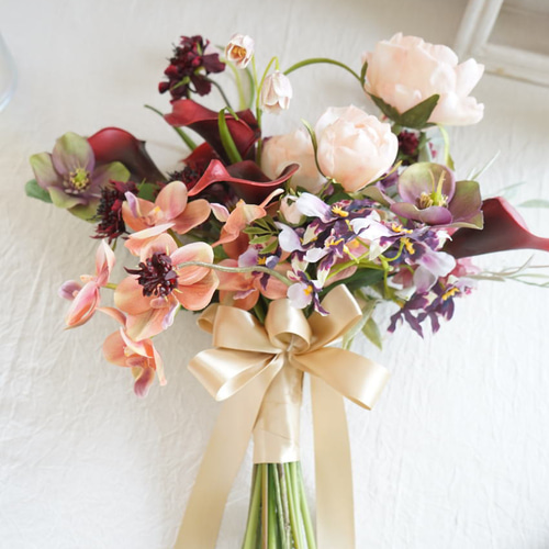 胡蝶蘭　カラー　造花　アレンジメント　ブーケ　リース　結婚式 胡蝶蘭とカラーリリー ウェディングブーケ＆ブートニア【造花