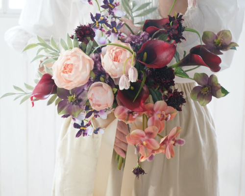 胡蝶蘭とカラーリリー ウェディングブーケ＆ブートニア【造花