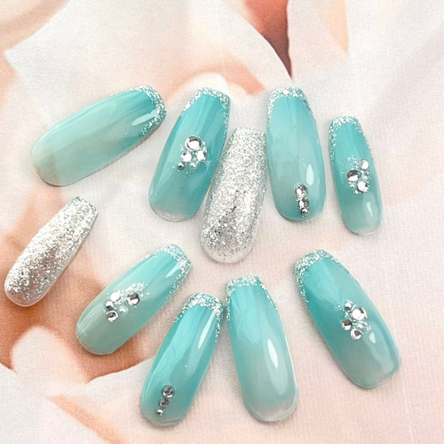 No.16ミントグリーン シルバーラメ 華やか さわやか フレンチ 上品