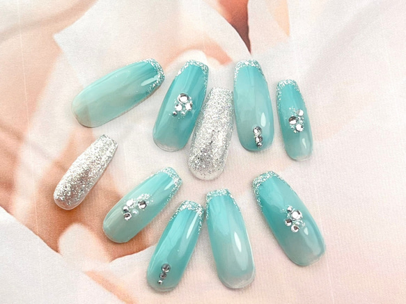 No.16ミントグリーン シルバーラメ 華やか さわやか フレンチ 上品