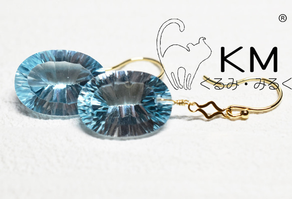 ж現品限り K18YG 18金 天然石ブルートパーズコンケーブカットピアス 1枚目の画像