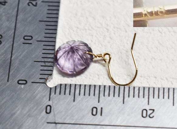 жK18YG 18金 天然石アメジストRDファセットピアス 7枚目の画像
