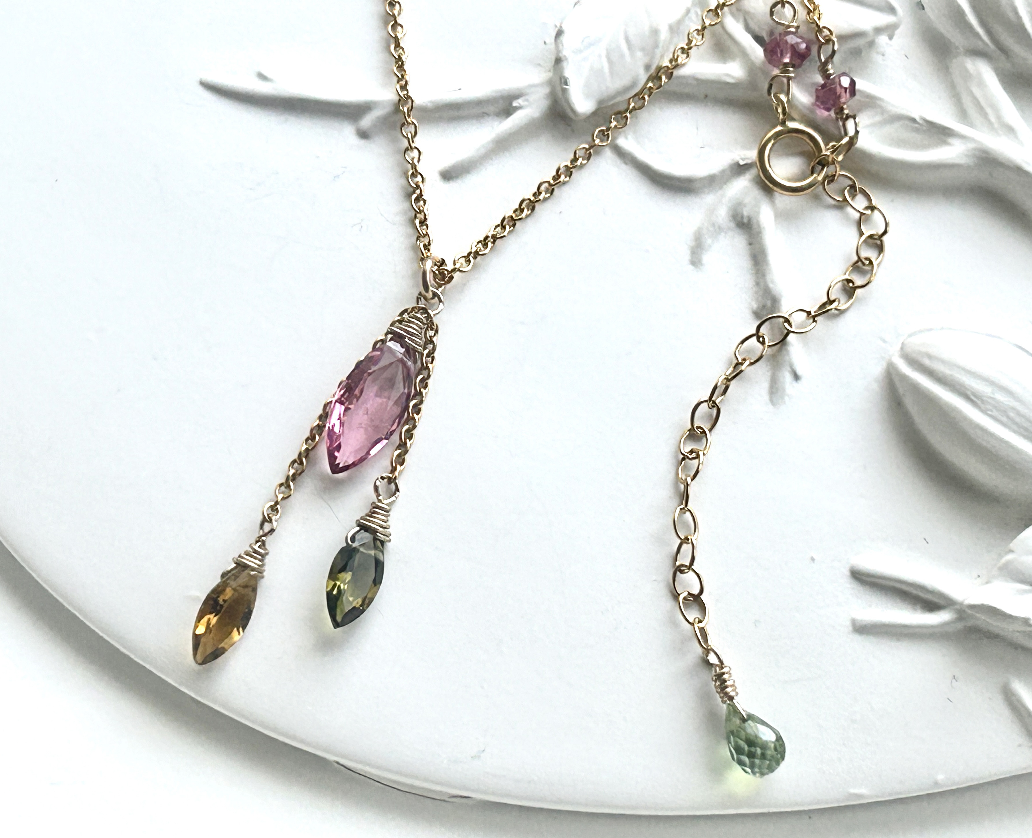 k14gf　大粒ピンクトルマリンマーキスジェムカットネックレス