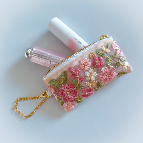再販・ラスト1点・pink】インド刺繍リボン♡10cmファスナーのリップ