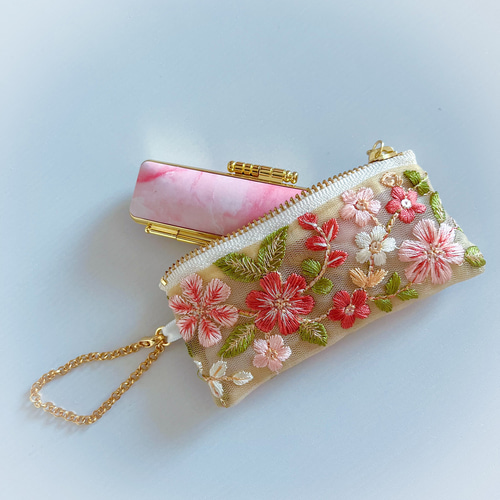 リップポーチ　ポーチ　ミニポーチ　インド刺繍　リボン　ピンク　927-1 リップポーチ ポーチ ミニポーチ インド刺繍 リボン ピンク 927